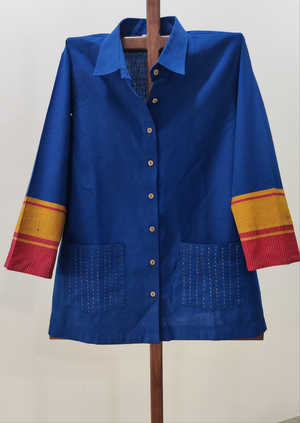 Copper sulphate blue handloom top with pattedu anchu borders