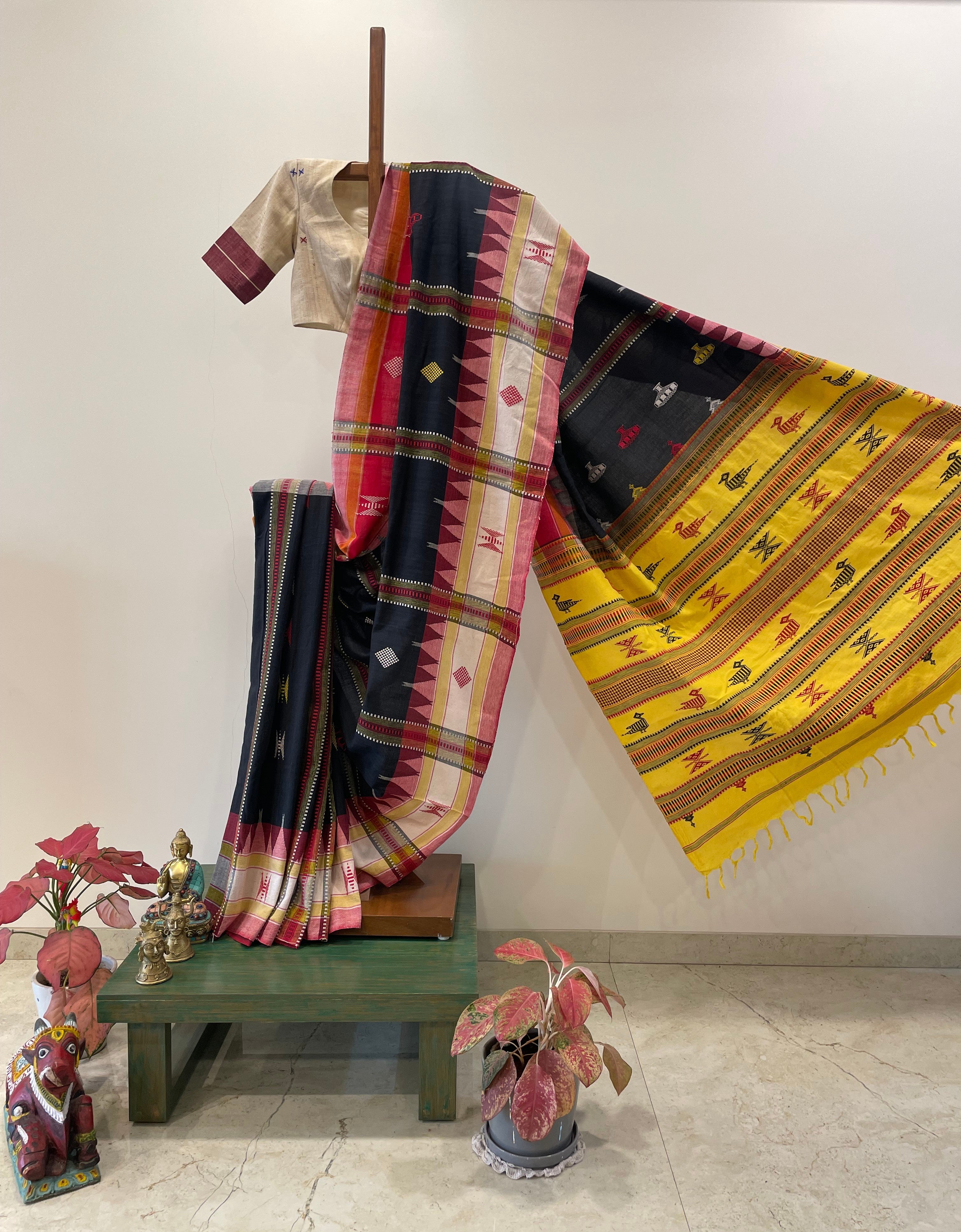 Black tribal kotpad with yellow pallu