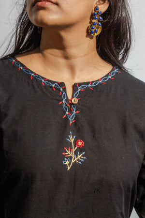 Plain Black Ikat Kurta with Embroidery