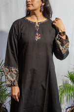 Plain Black Ikat Kurta with Embroidery