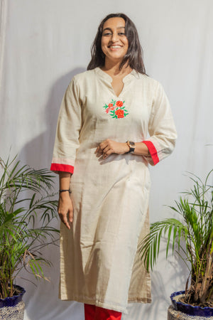 Off White Kora Kurta with Floral Embroidery