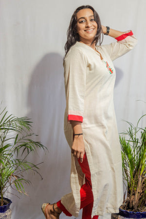 Off White Kora Kurta with Floral Embroidery