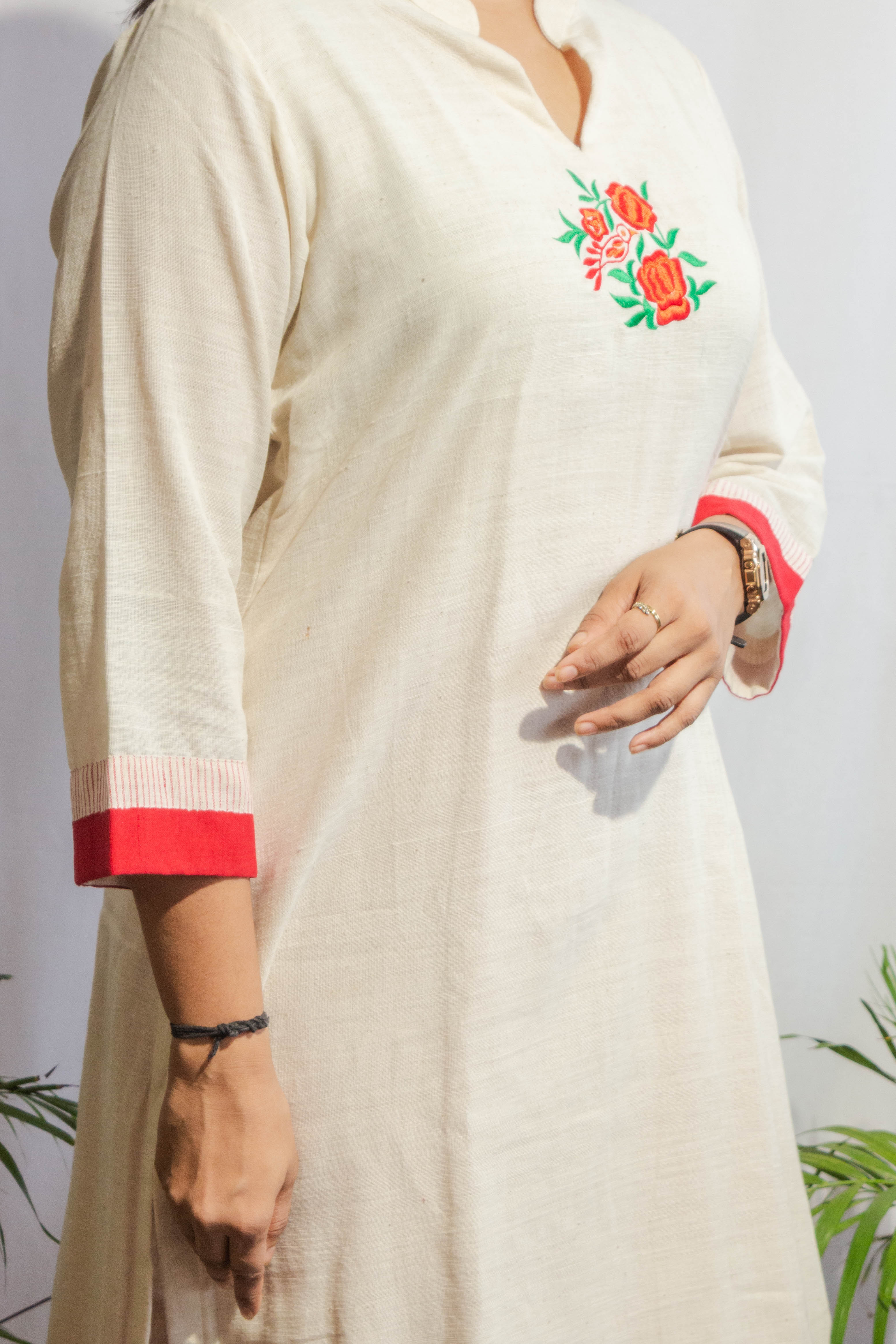 Off White Kora Kurta with Floral Embroidery