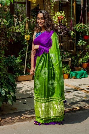 Purple and Green Modal Saree with Shibori Pallu