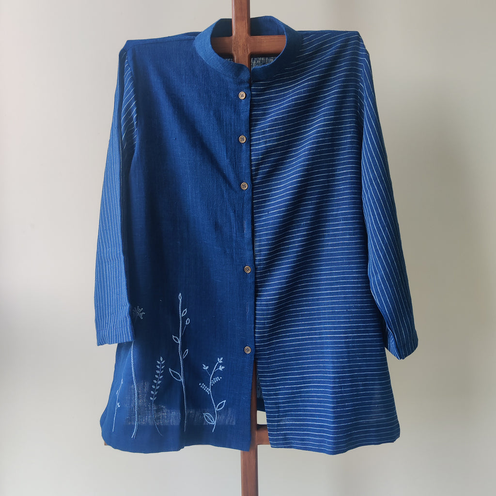 Indigo Striped Top with Embroidery