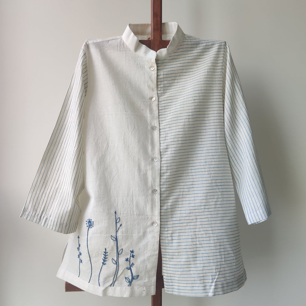 White Striped Top with Embroidery