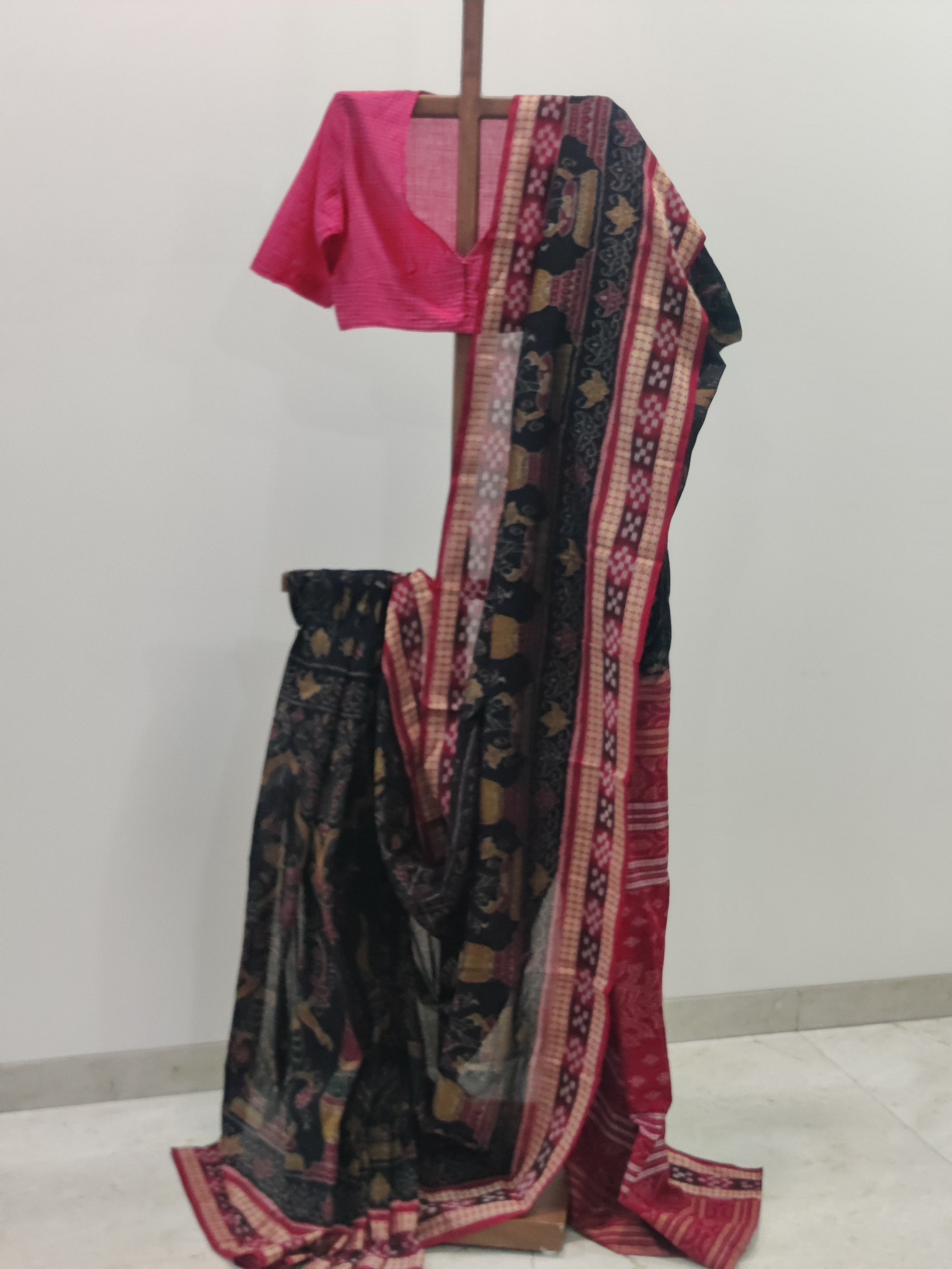 Black Sambhalpuri Saree with Dancer and Colourful Pillar motifs