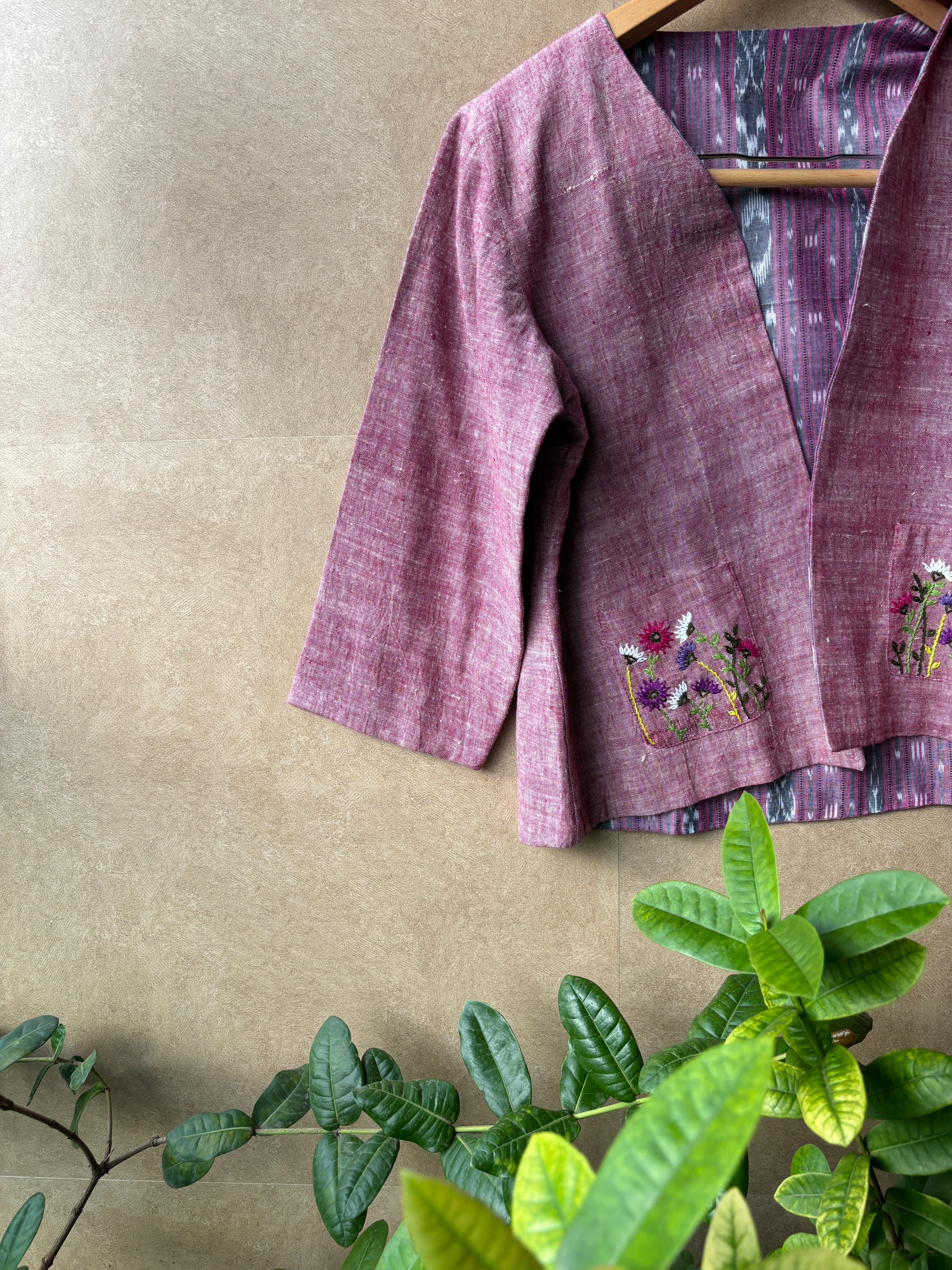 Pink Kalacotton and Sambhalpuri Reversible Jacket with Embroidery