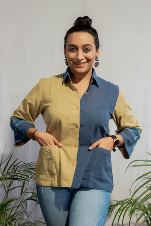 Colour Blocked Indigo and Khaki Kalacotton Shirt Top