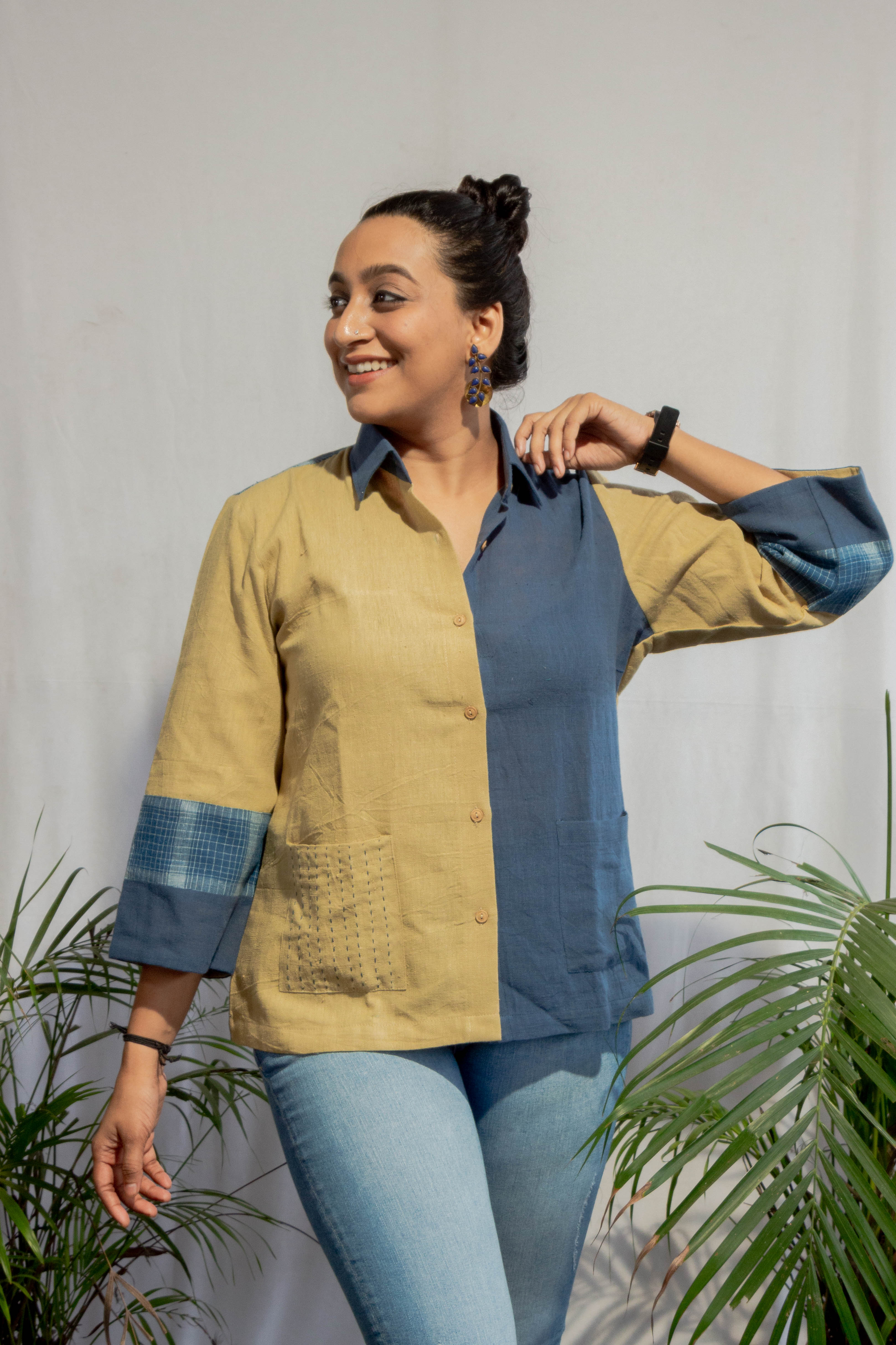 Colour Blocked Indigo and Khaki Kalacotton Shirt Top