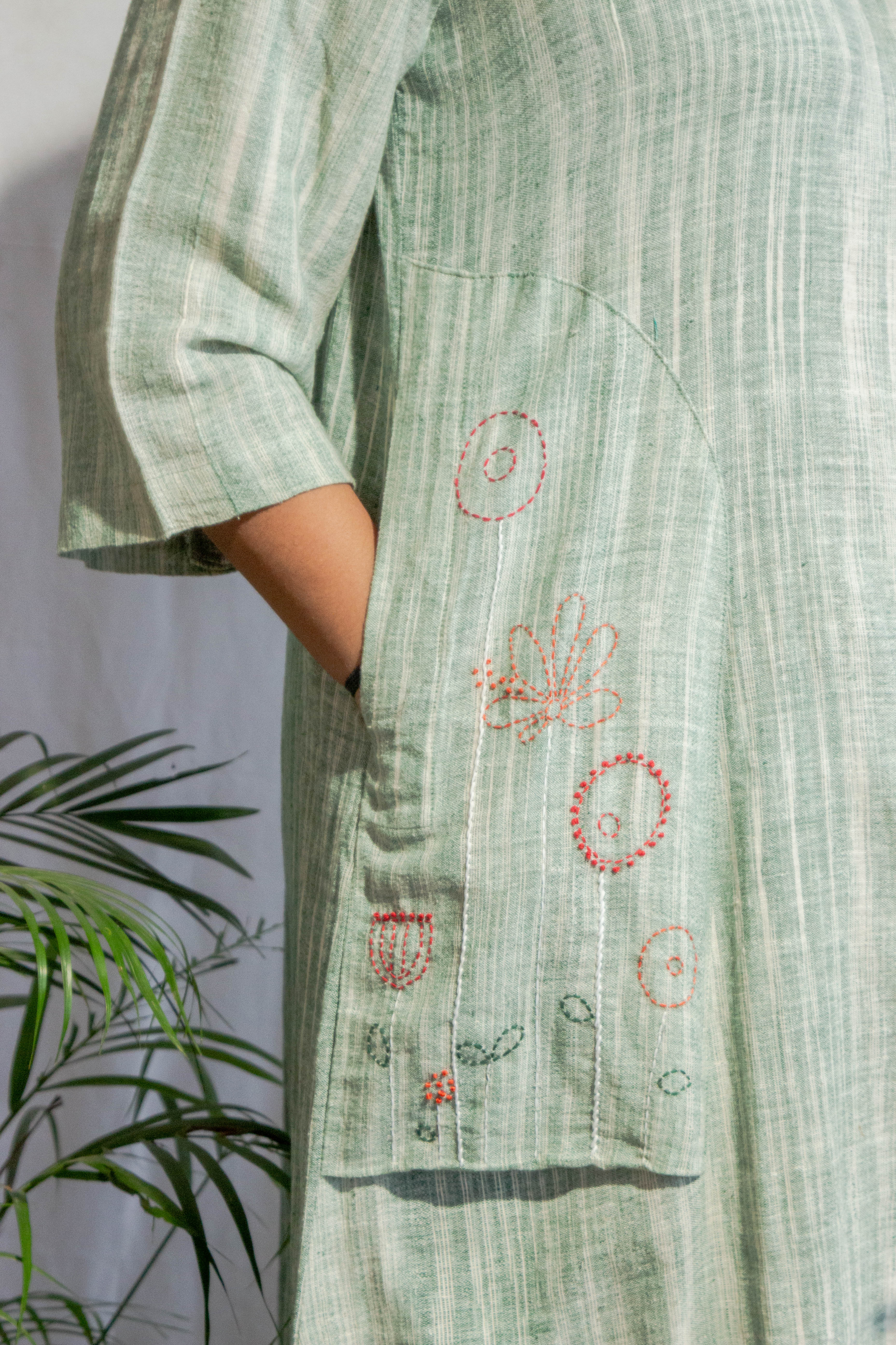 Sage Green Freedom Fabric Dress with Embroidery