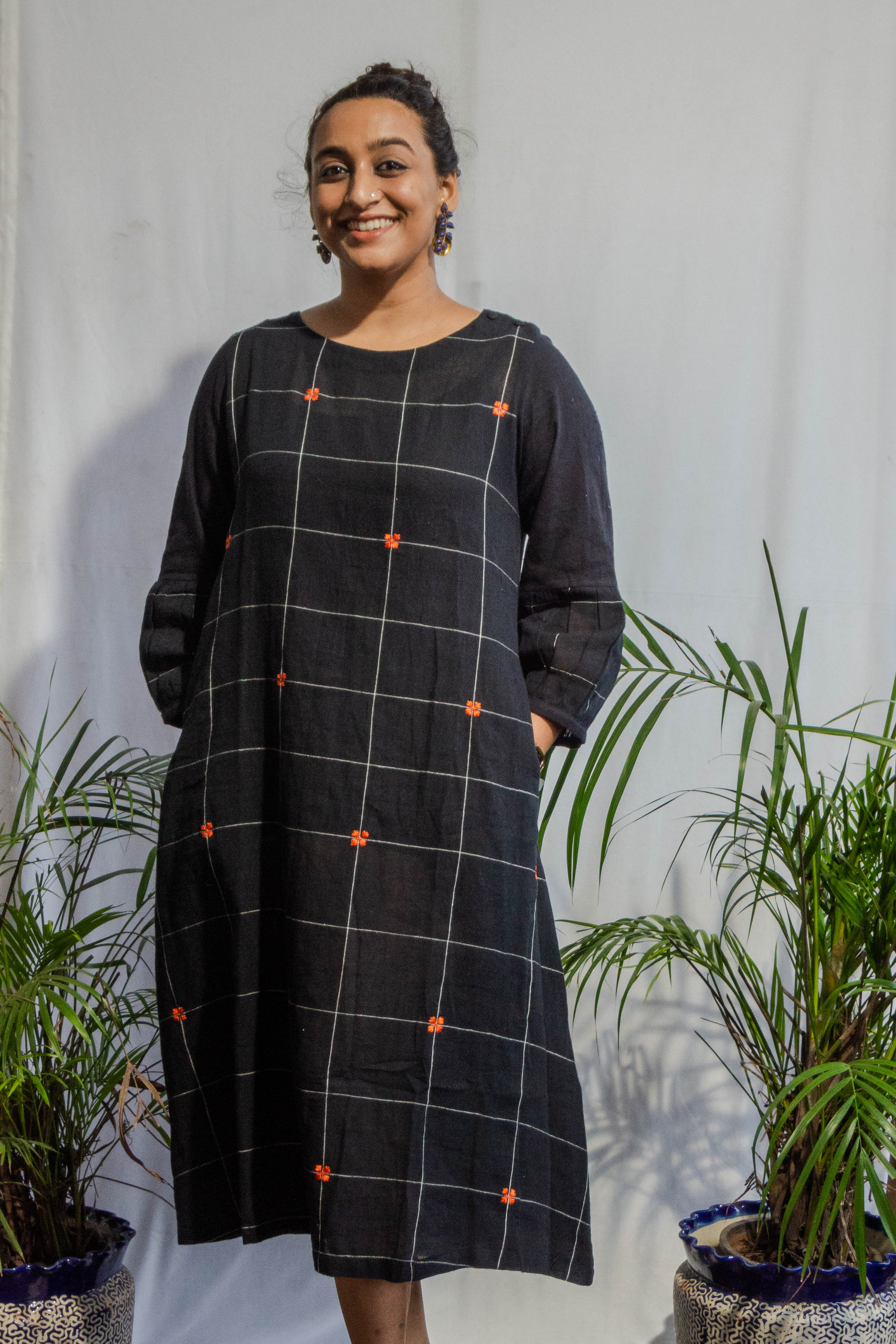 Checkered Black Kalacotton Dress with Embroidery