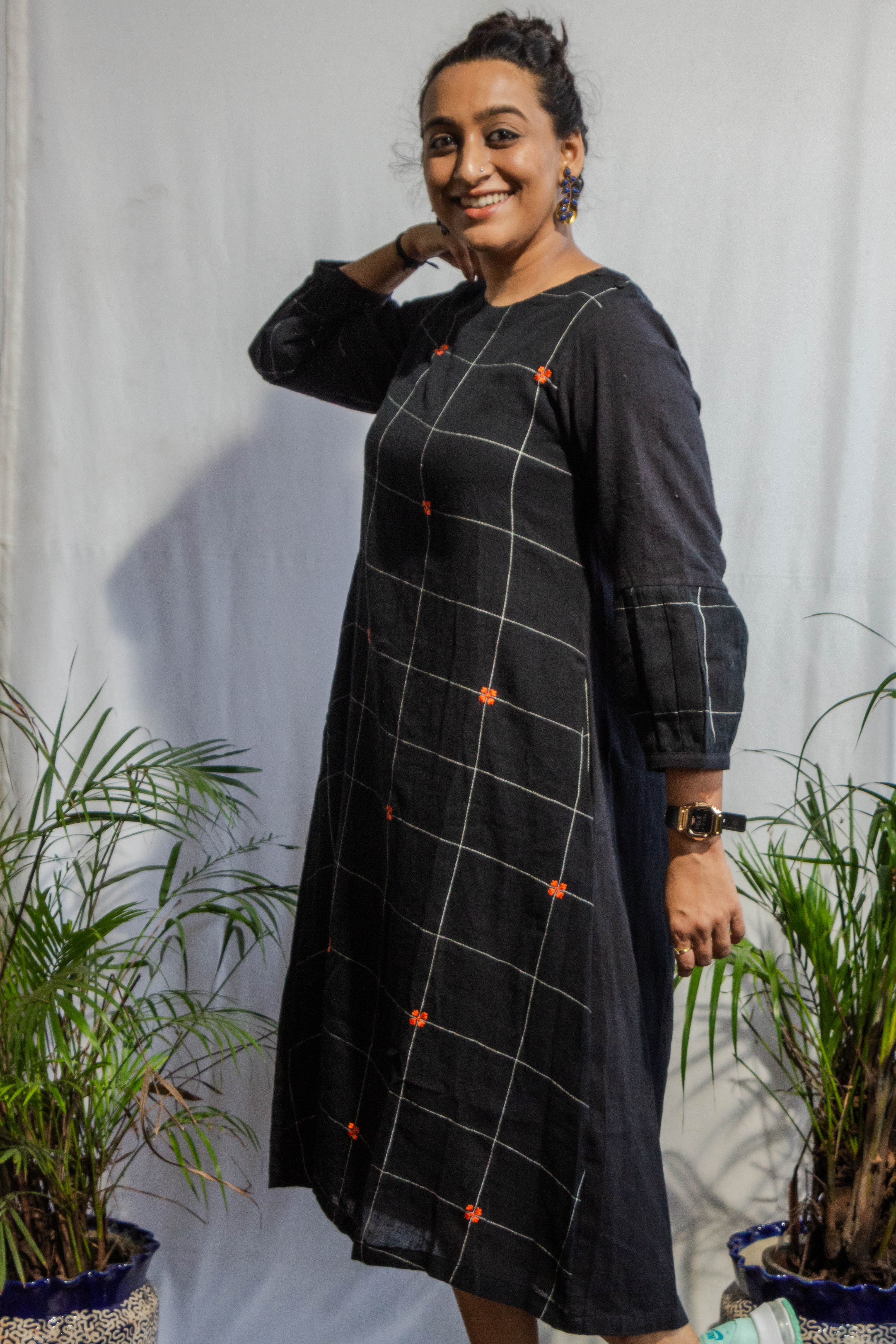 Checkered Black Kalacotton Dress with Embroidery