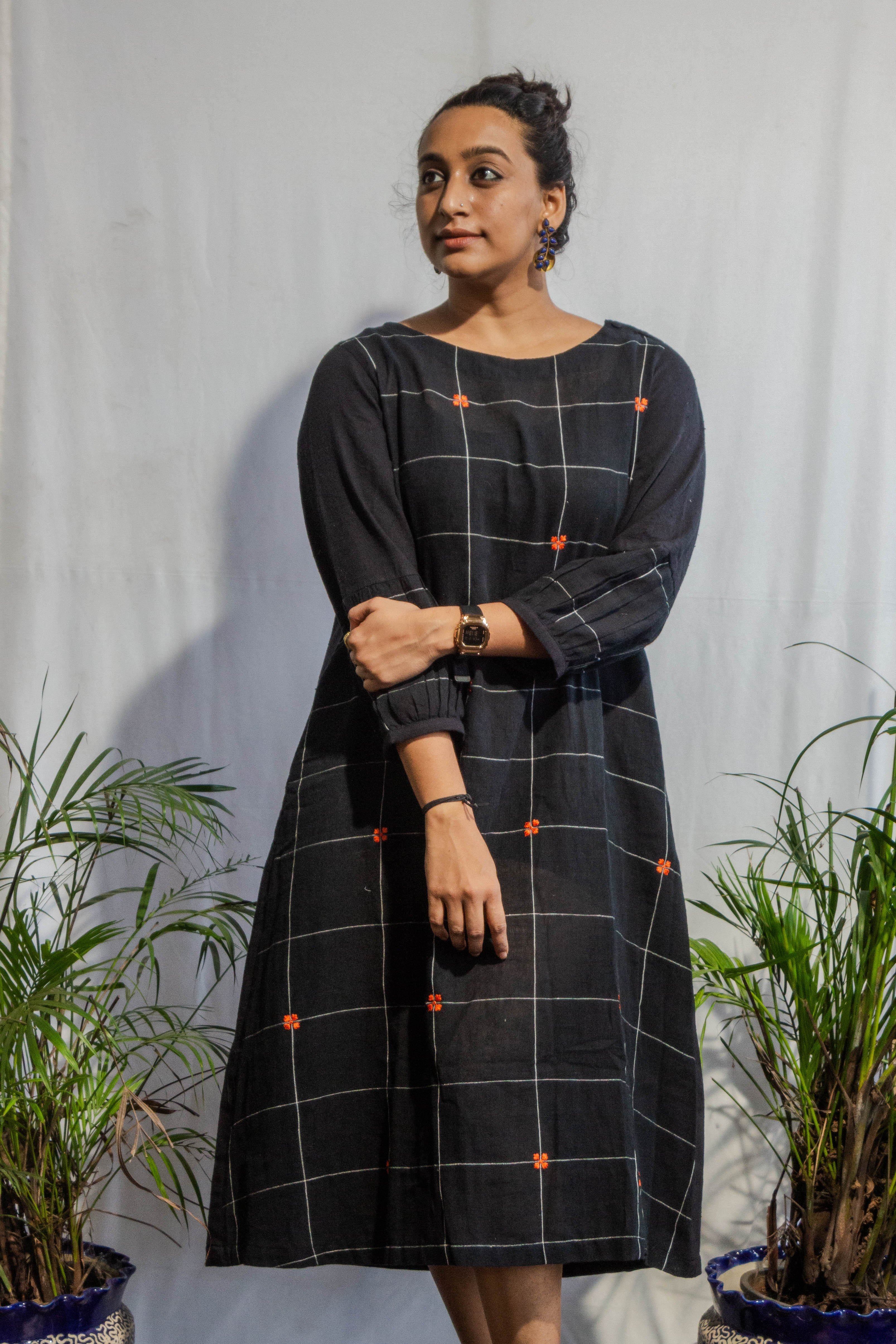 Checkered Black Kalacotton Dress with Embroidery