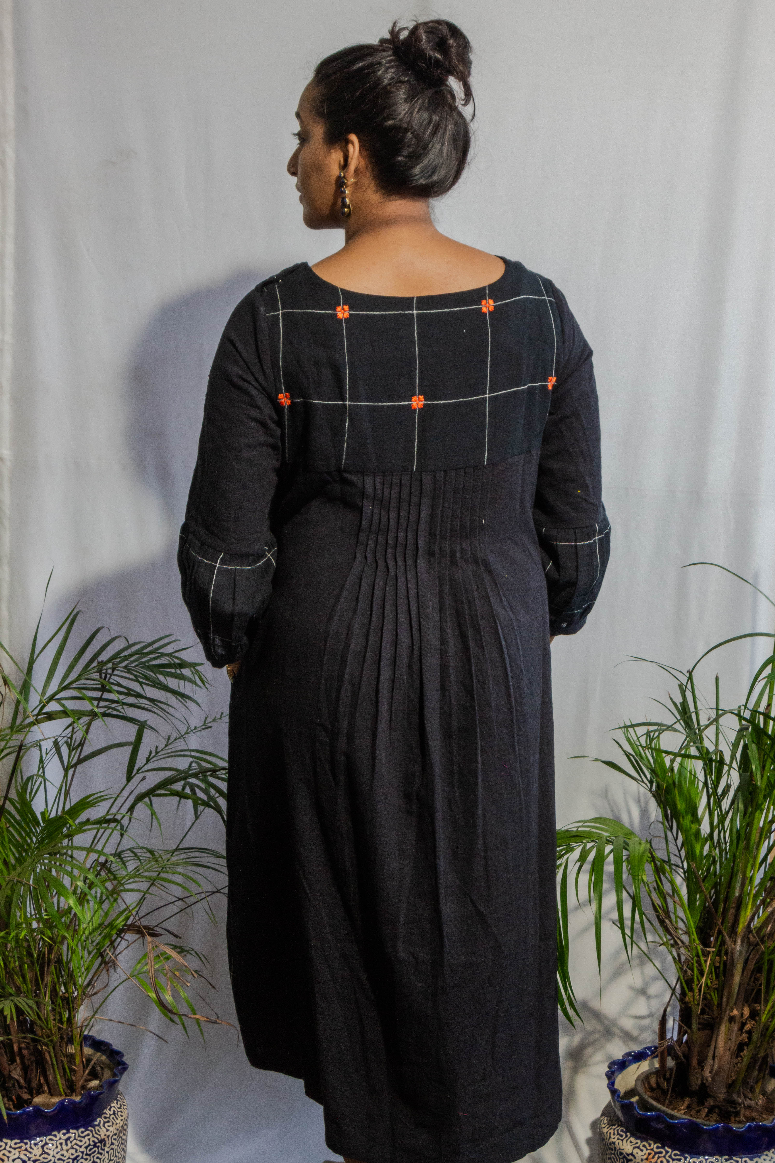 Checkered Black Kalacotton Dress with Embroidery