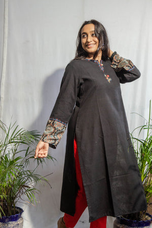 Plain Black Ikat Kurta with Embroidery