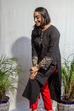 Plain Black Ikat Kurta with Embroidery