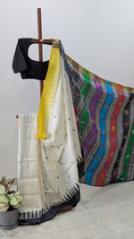 Pearl white with yellow and black with black ganga jamuna border Berhampur patta