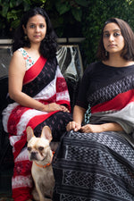 Steel grey with Black and Red Border ikat saree