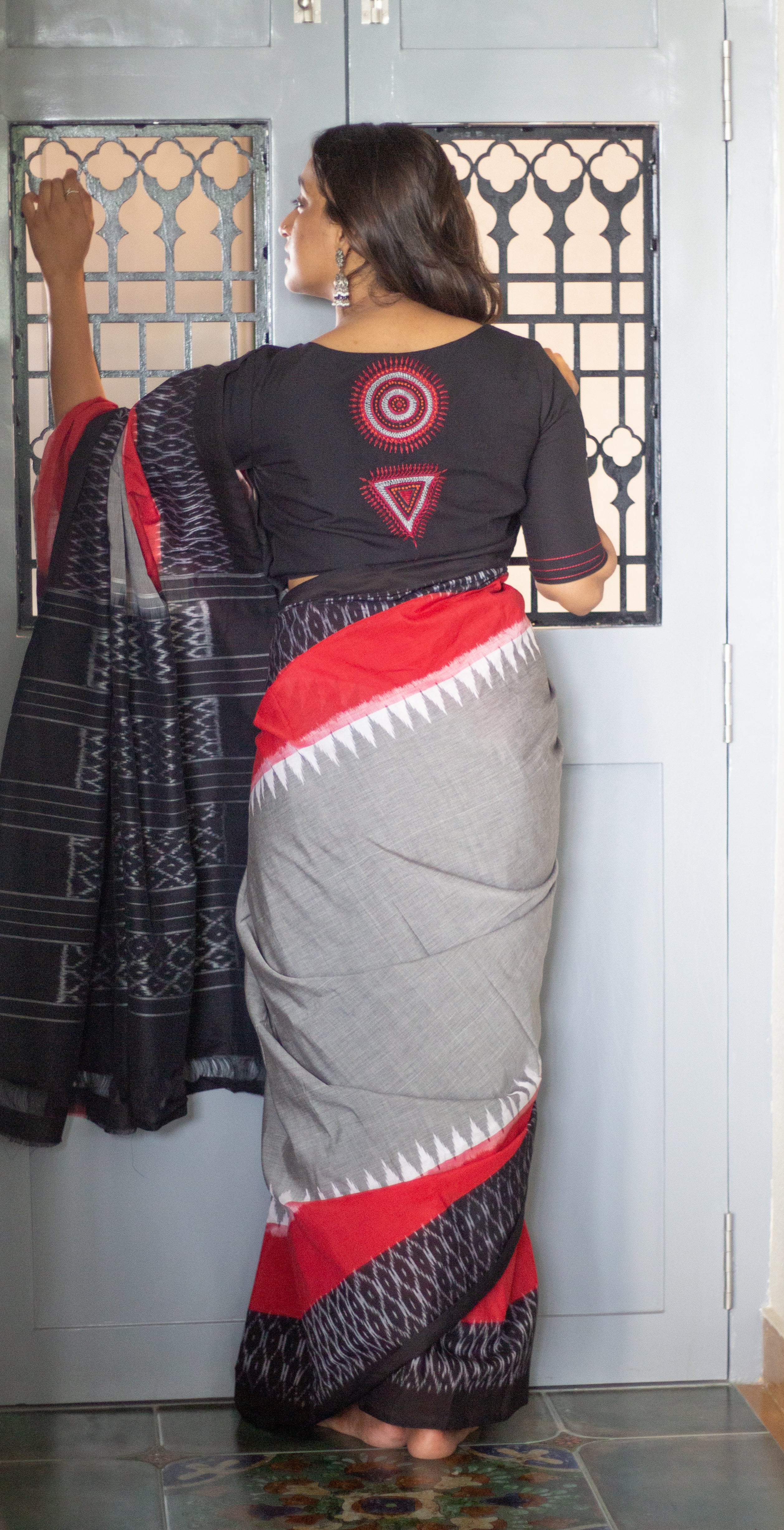 Steel grey with Black and Red Border ikat saree