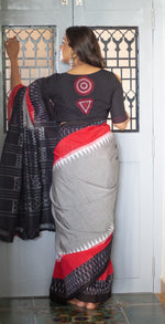 Steel grey with Black and Red Border ikat saree