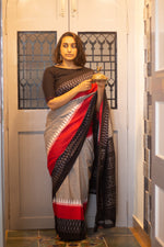 Steel grey with Black and Red Border ikat saree