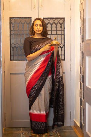 Steel grey with Black and Red Border ikat saree