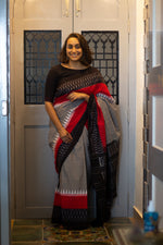 Steel grey with Black and Red Border ikat saree