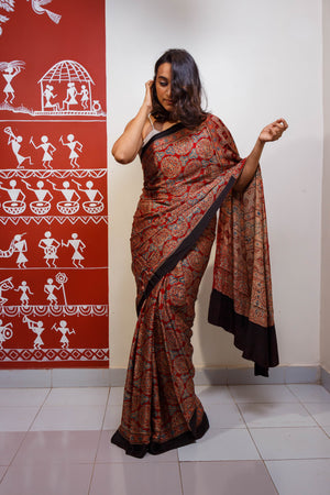 Red And Indigo Lotus Ajrak Printed Modal Saree