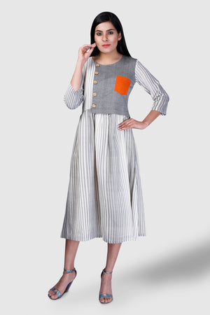 Grey Striped Half Yoked Dress - Kapaas N Resham