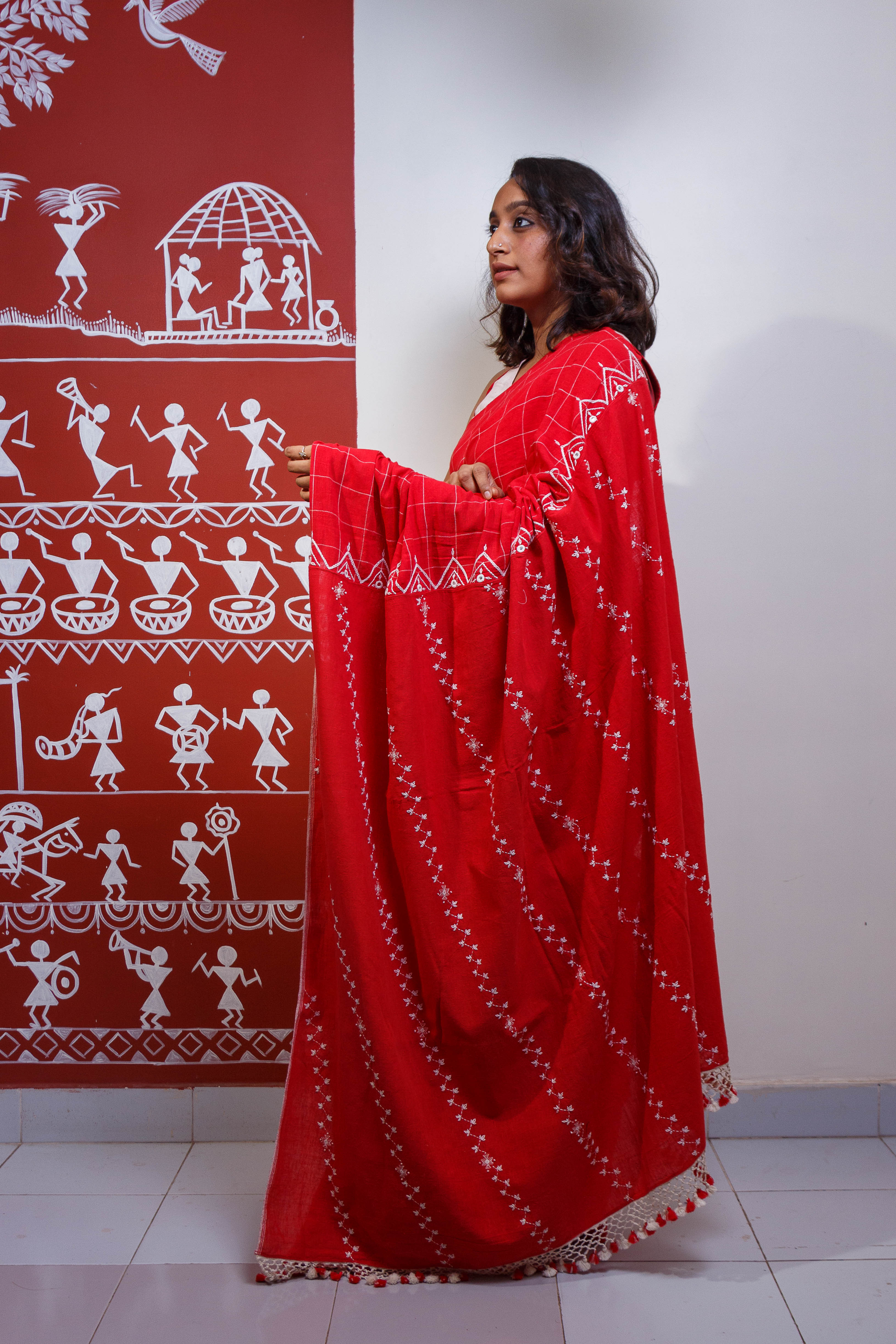 Red Checkered Embroidered Bhujodi