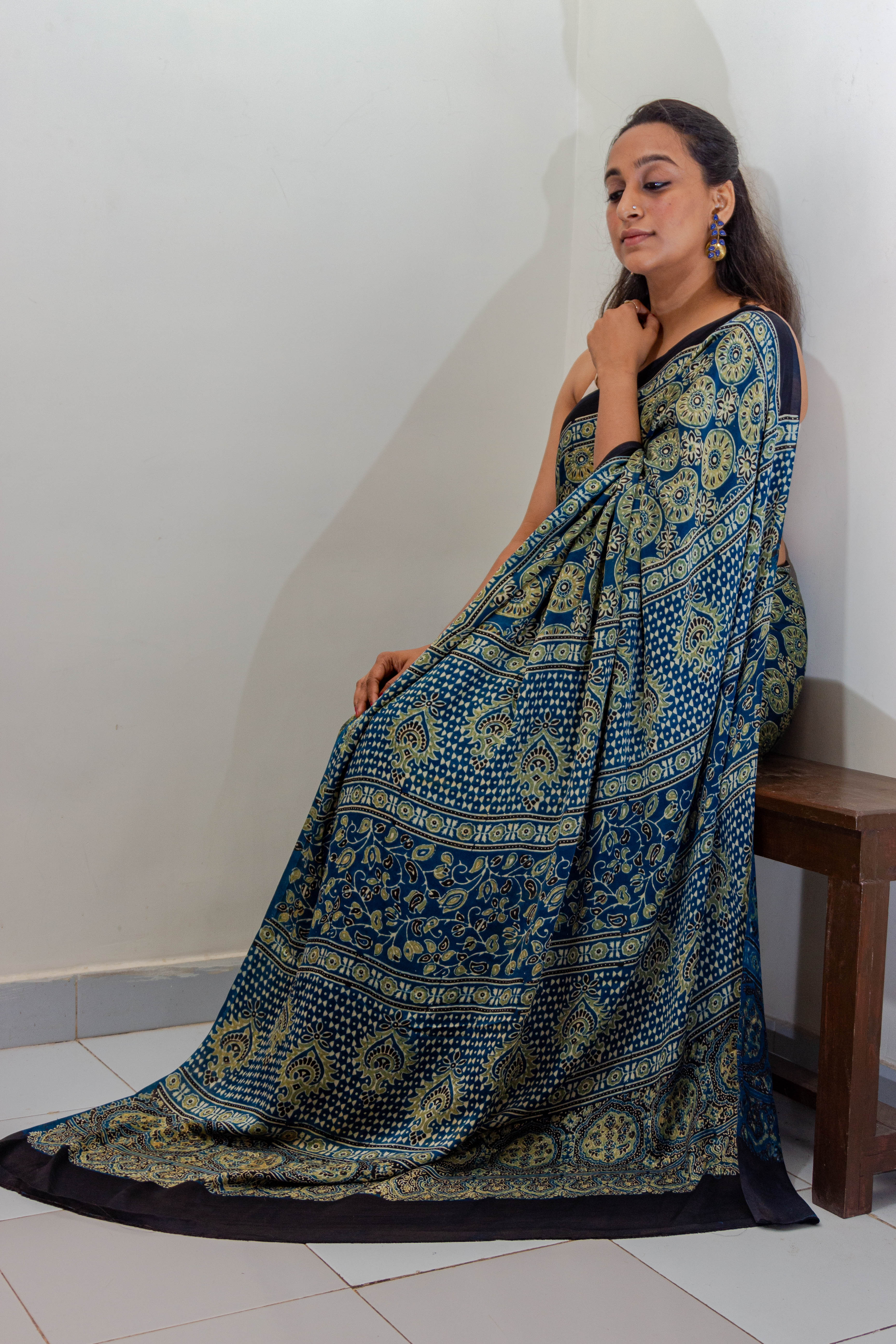 Indigo Blue Printed Modal Saree - Design 1