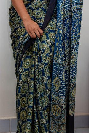 Indigo Blue Printed Modal Saree - Design 1