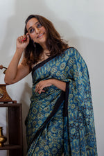 Indigo Blue Printed Modal Saree - Design 2