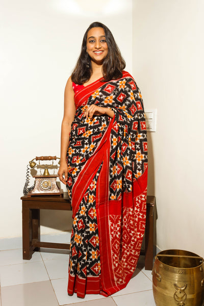 New Designer Red Colour Chiffon Saree with Contrast Black Blouse