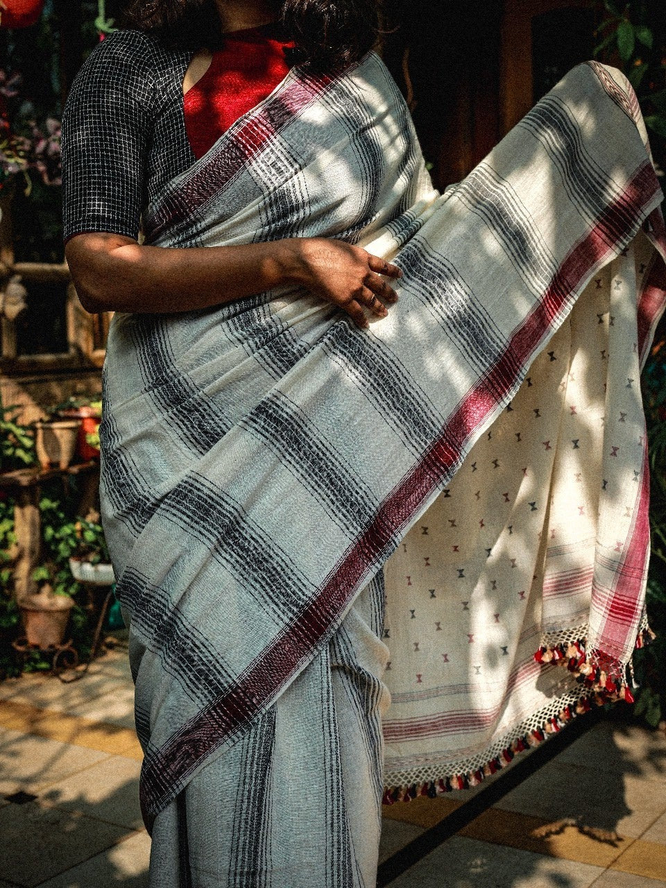 Off-white with Grey Striped Bhujodi Saree