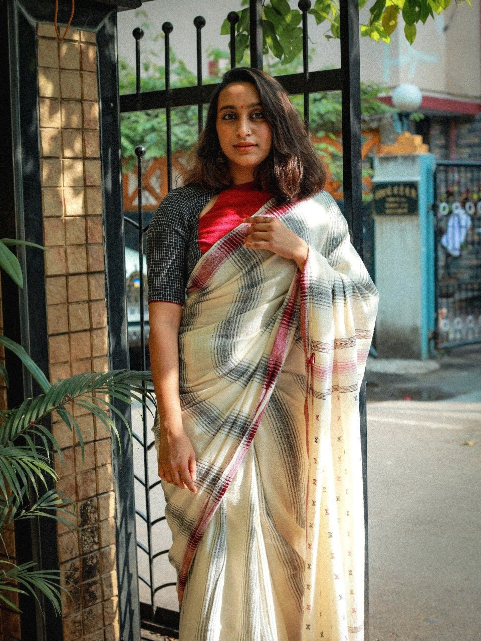 Off-white with Grey Striped Bhujodi Saree