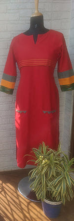 Red Ikat Kurta with Colorful Cuff - Kapaas N Resham