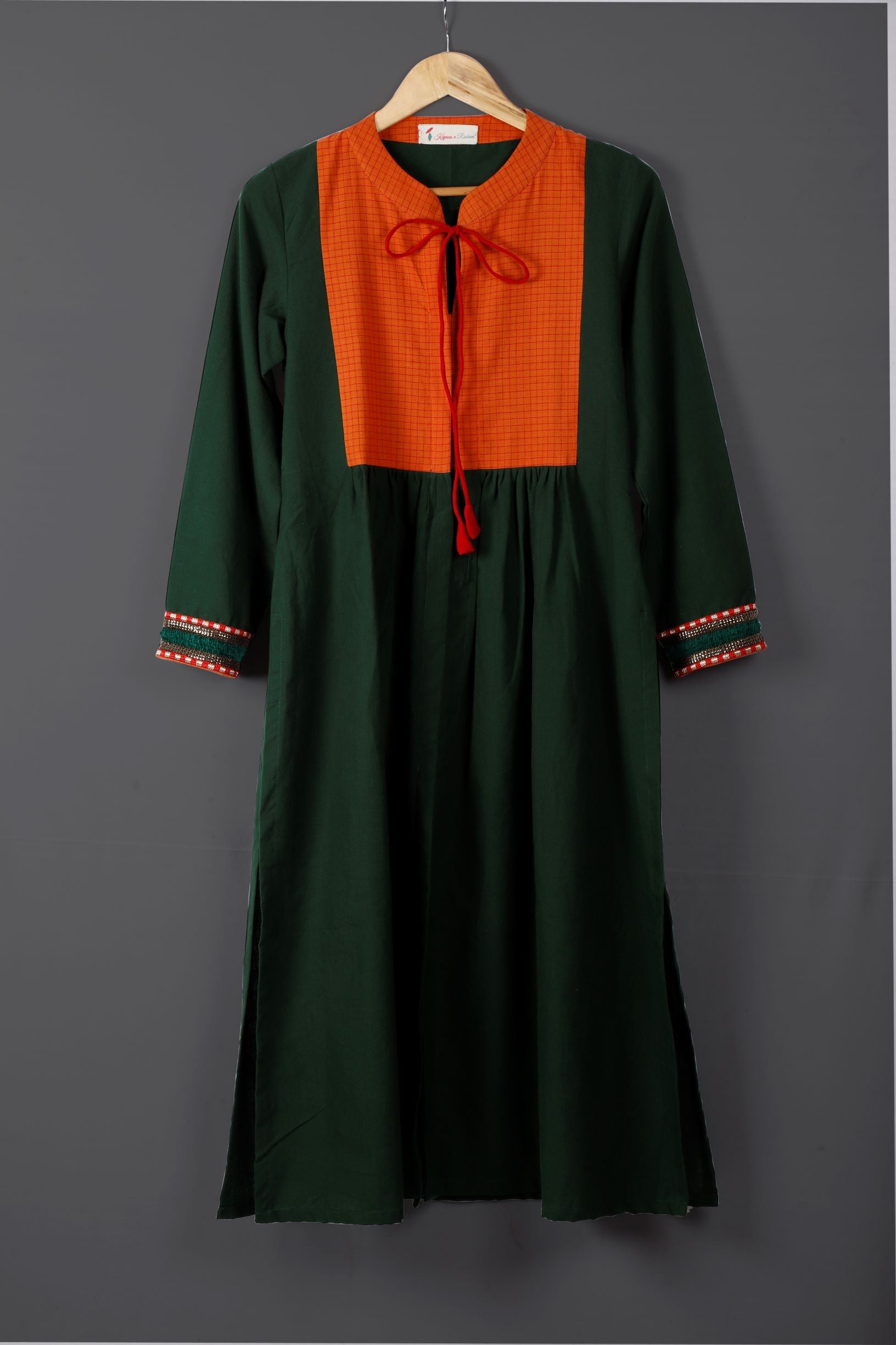 Green with orange yoke kurta - Kapaas N Resham